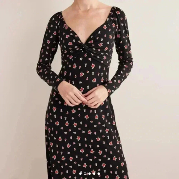 Boden | Black Floral Print Sweetheart Jersey Midi Dress Size 12R NWT - Picture 2 of 11